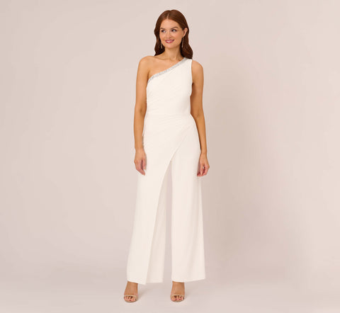 Beaded One-Shoulder Matte Jersey Jumpsuit In Ivory