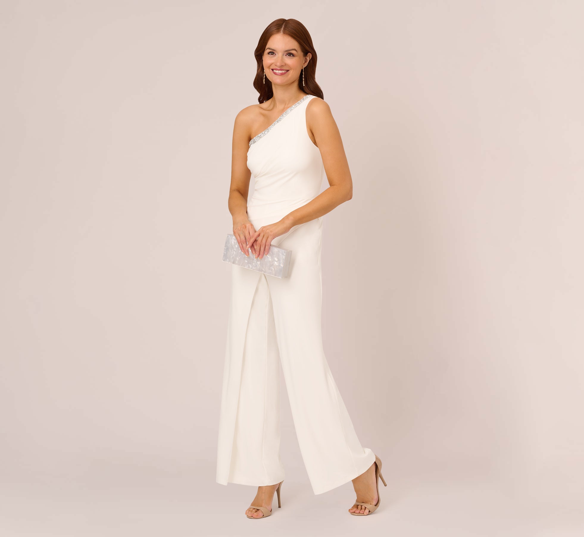 Beaded One-Shoulder Matte Jersey Jumpsuit In Ivory 1