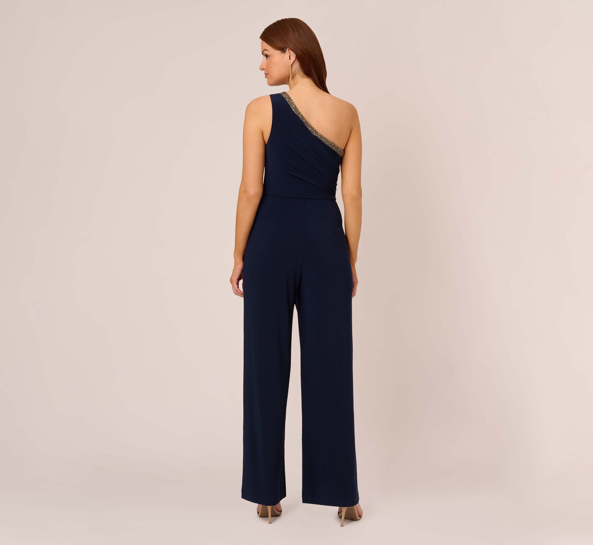 Beaded One Shoulder Matte Jersey Jumpsuit In Midnight Adrianna