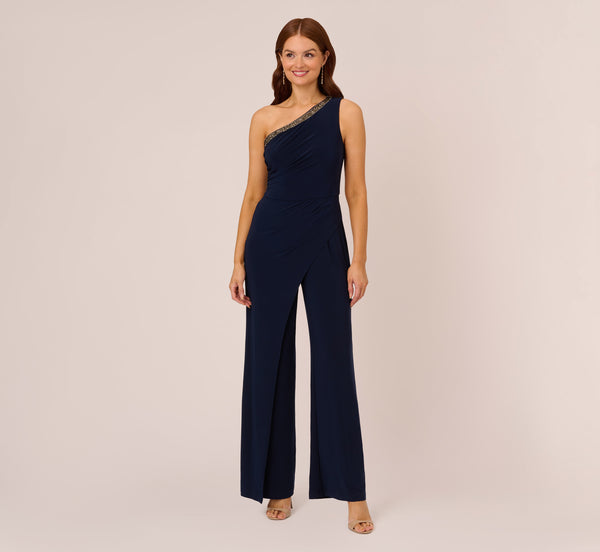 Beaded One Shoulder Matte Jersey Jumpsuit In Midnight Adrianna