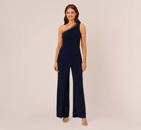 Beaded One-Shoulder Matte Jersey Jumpsuit In Midnight