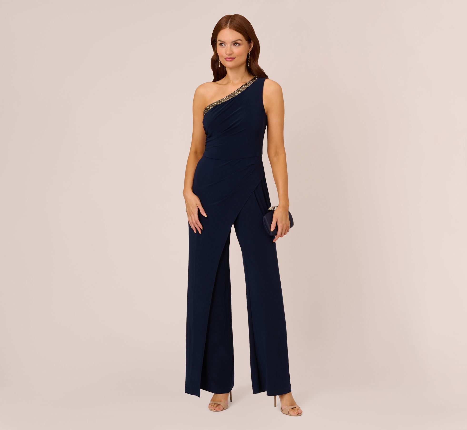 Beaded One-Shoulder Matte Jersey Jumpsuit In Midnight | Adrianna