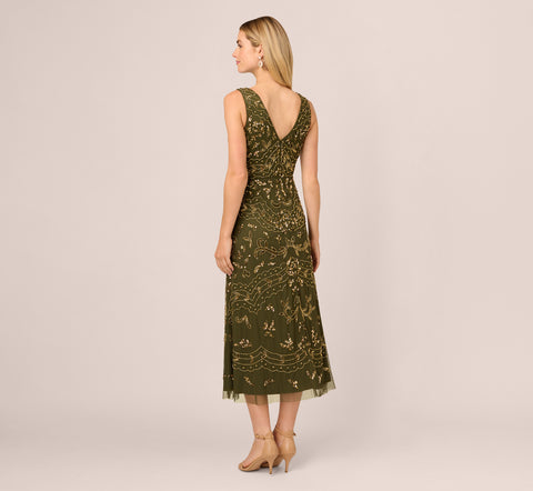 Hand-Beaded Ankle-Length Dress In Olive