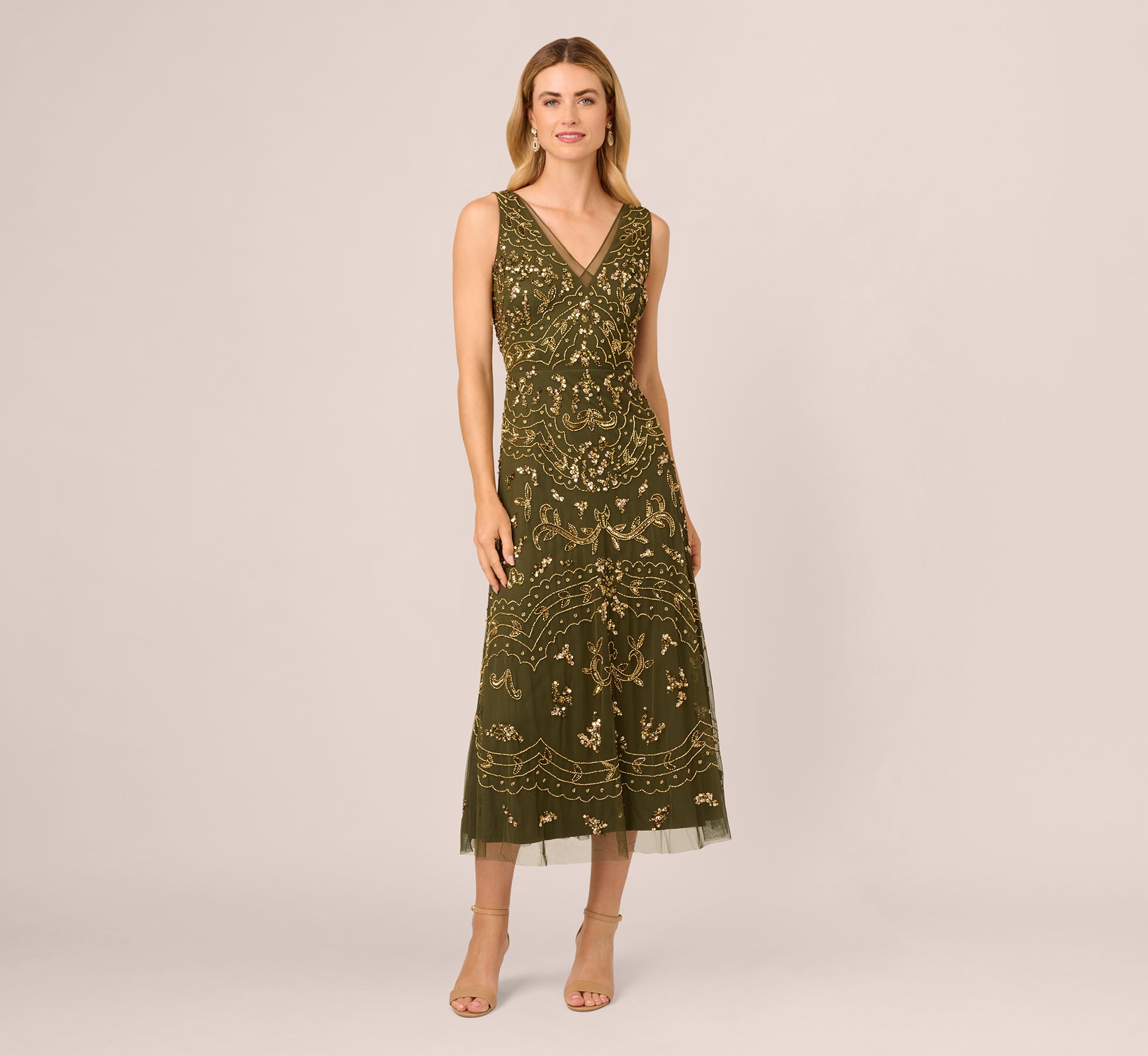 Hand-Beaded Ankle-Length Dress In Olive 1