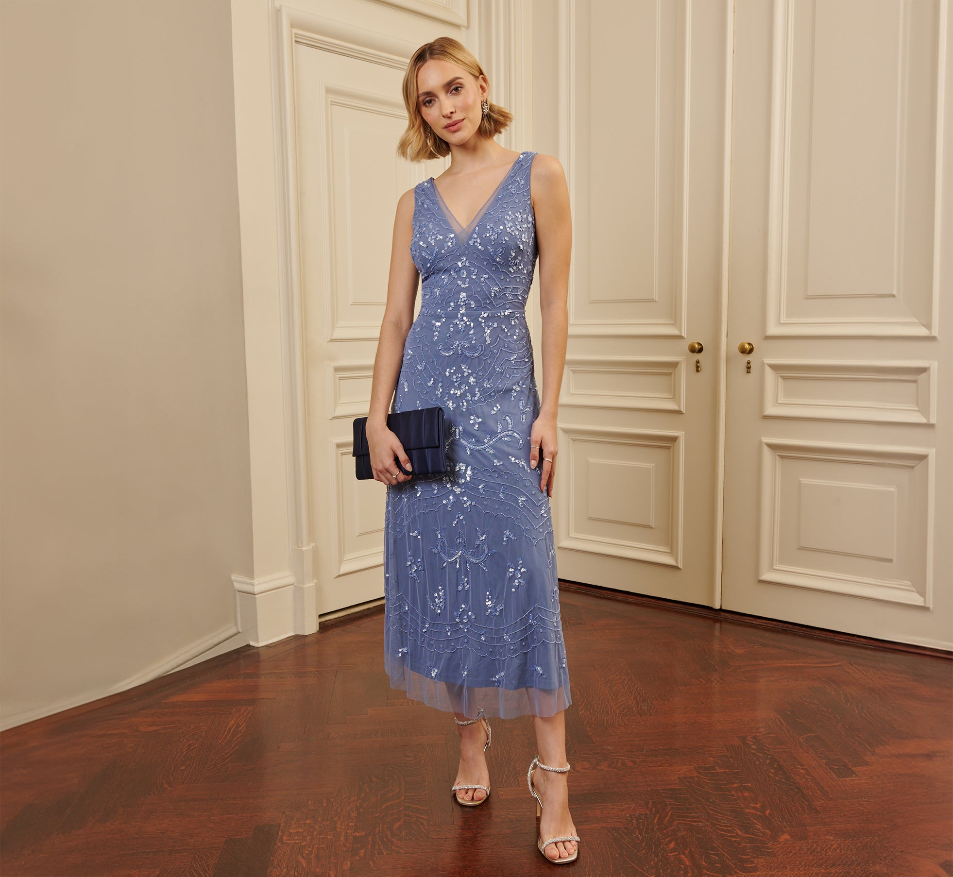 Hand-Beaded Ankle-Length Dress In French Blue 1