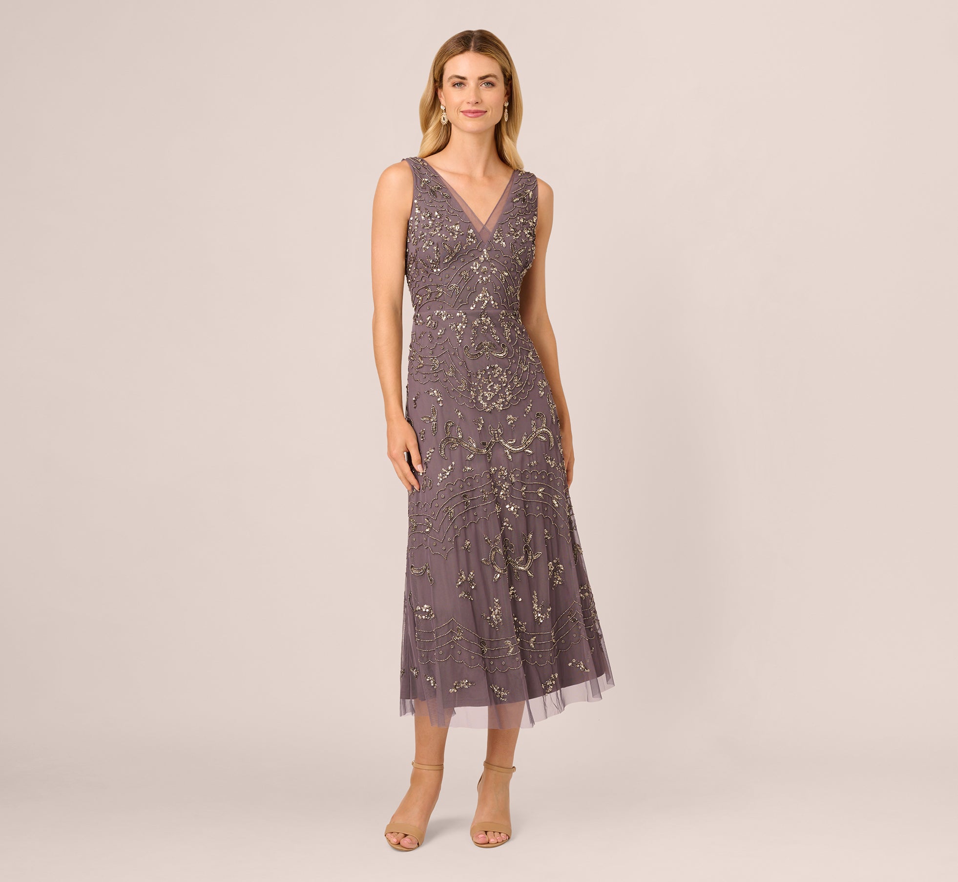 Hand-Beaded Ankle-Length Dress In Moonscape 1