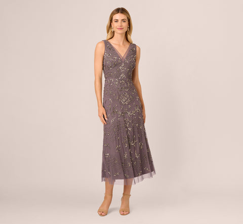 Hand-Beaded Ankle-Length Dress In Moonscape