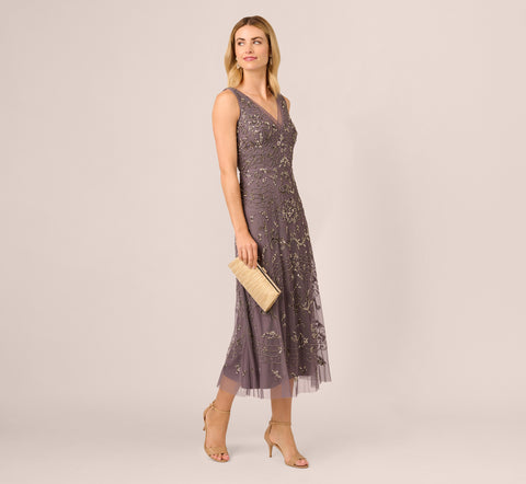 Hand-Beaded Ankle-Length Dress In Moonscape