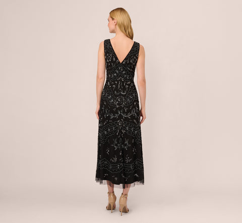 Hand-Beaded Ankle-Length Dress In Black Gunmetal