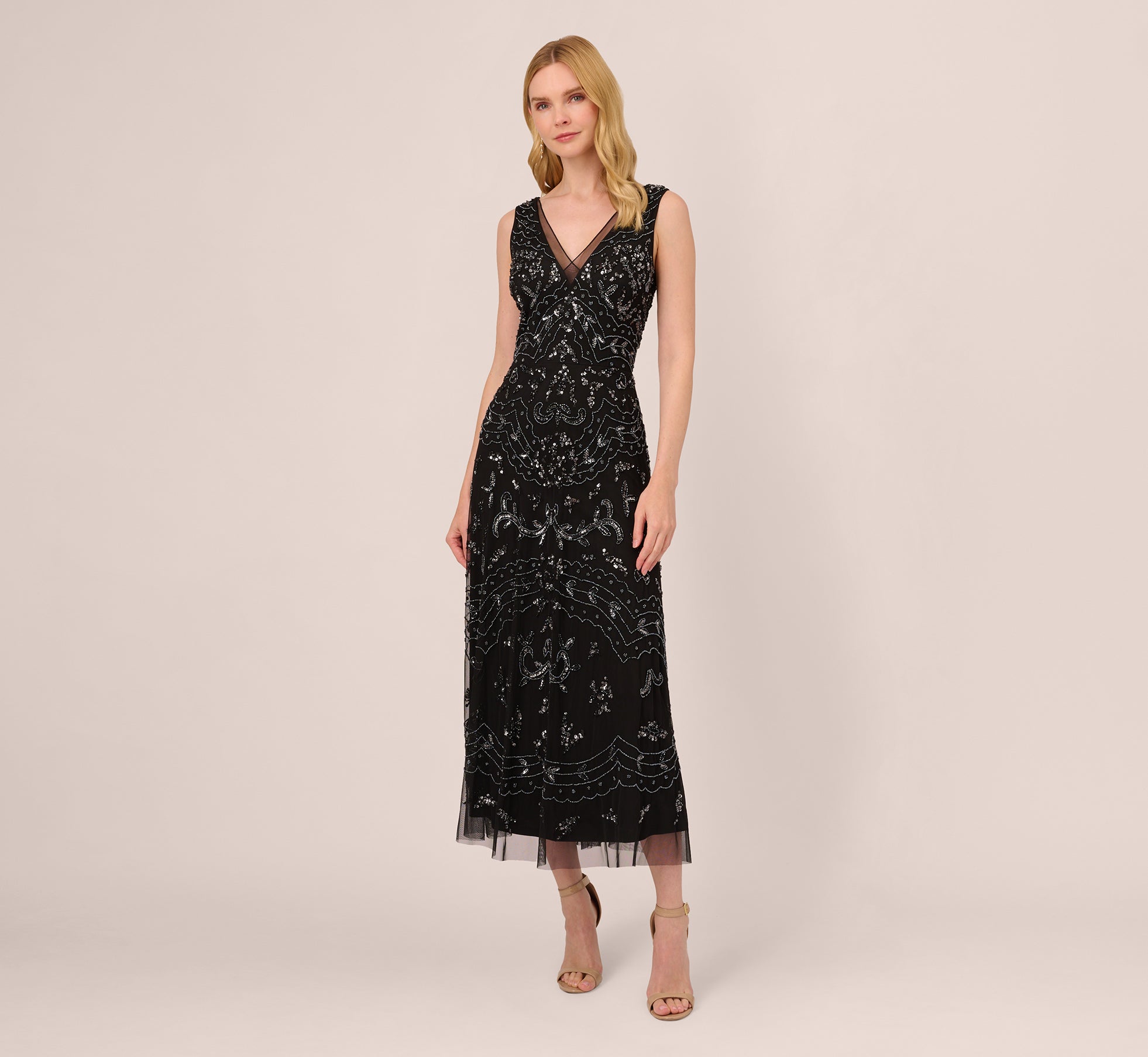 Hand-Beaded Ankle-Length Dress In Black Gunmetal 1