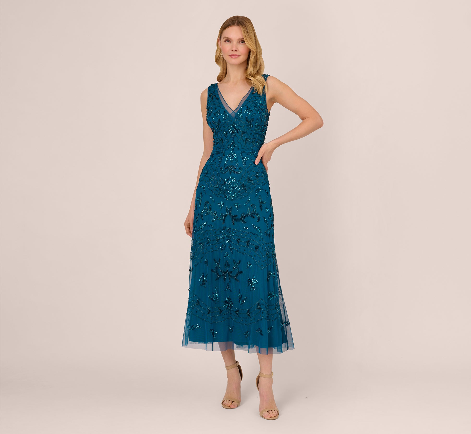 Hand-Beaded Ankle-Length Dress In Teal Sapphire 1