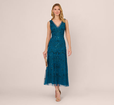 Hand-Beaded Ankle-Length Dress In Teal Sapphire