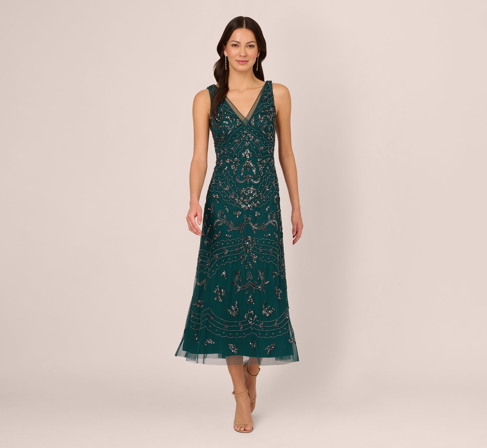 Hand Beaded Ankle Length Dress In Gem Green