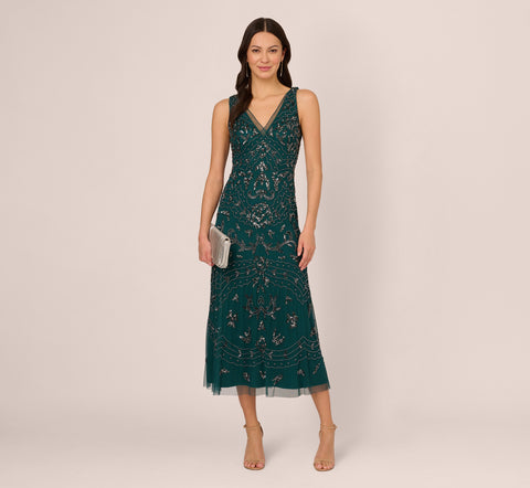 Hand-Beaded Ankle-Length Dress In Gem Green