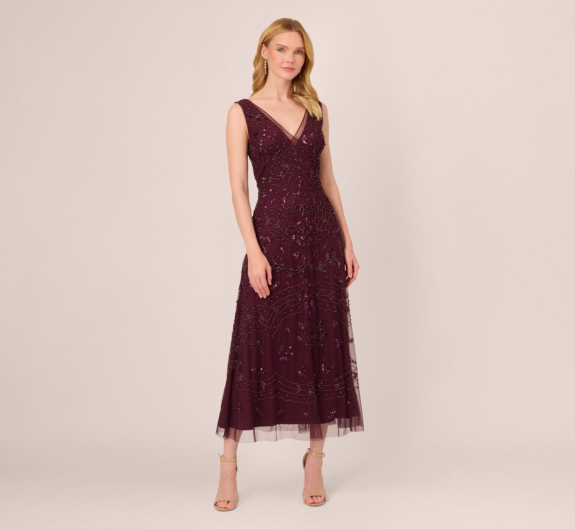 Hand Beaded Ankle Length Dress In Night Plum Adrianna Papell