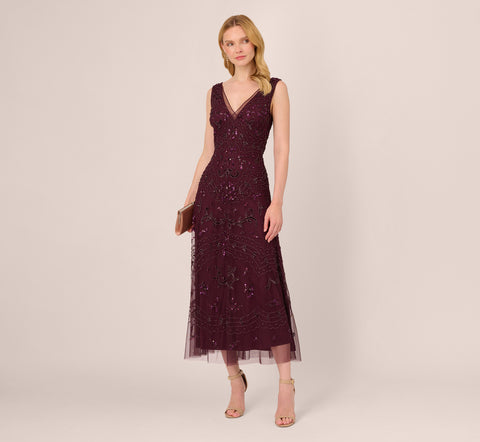 Hand-Beaded Ankle-Length Dress In Night Plum