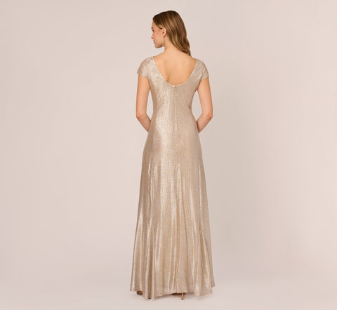 Metallic Foil Knit Draped Long Gown In Alabaster