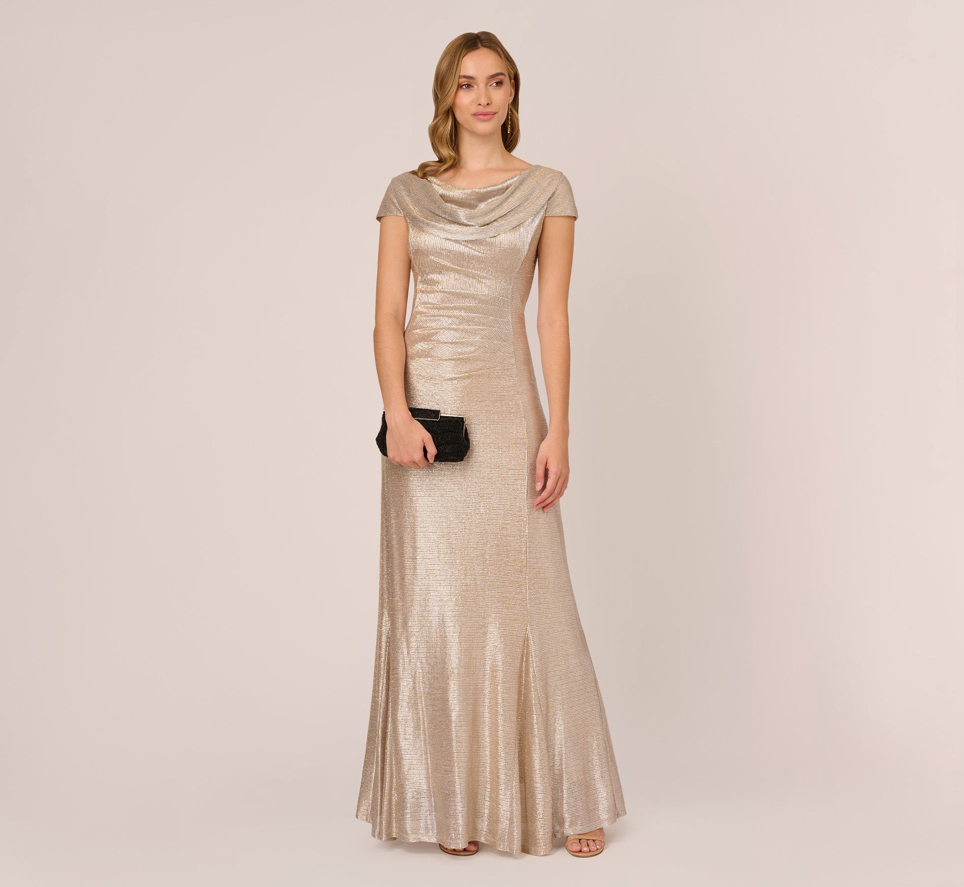 Metallic Foil Knit Draped Long Gown In Alabaster Adrianna Papell