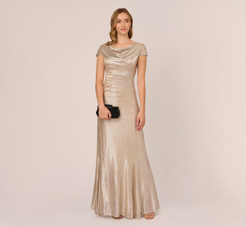 Metallic Foil Knit Draped Long Gown In Alabaster