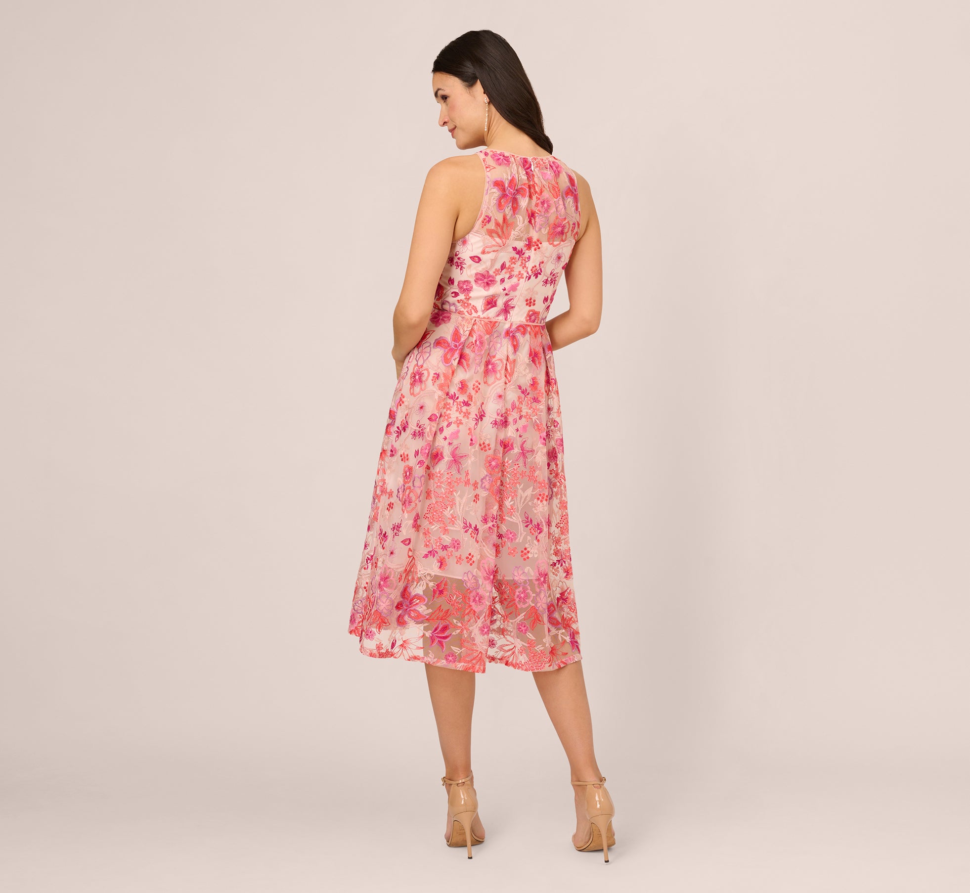 Floral Embroidered Midi Length Fit And Flare Halter Dress In Pink