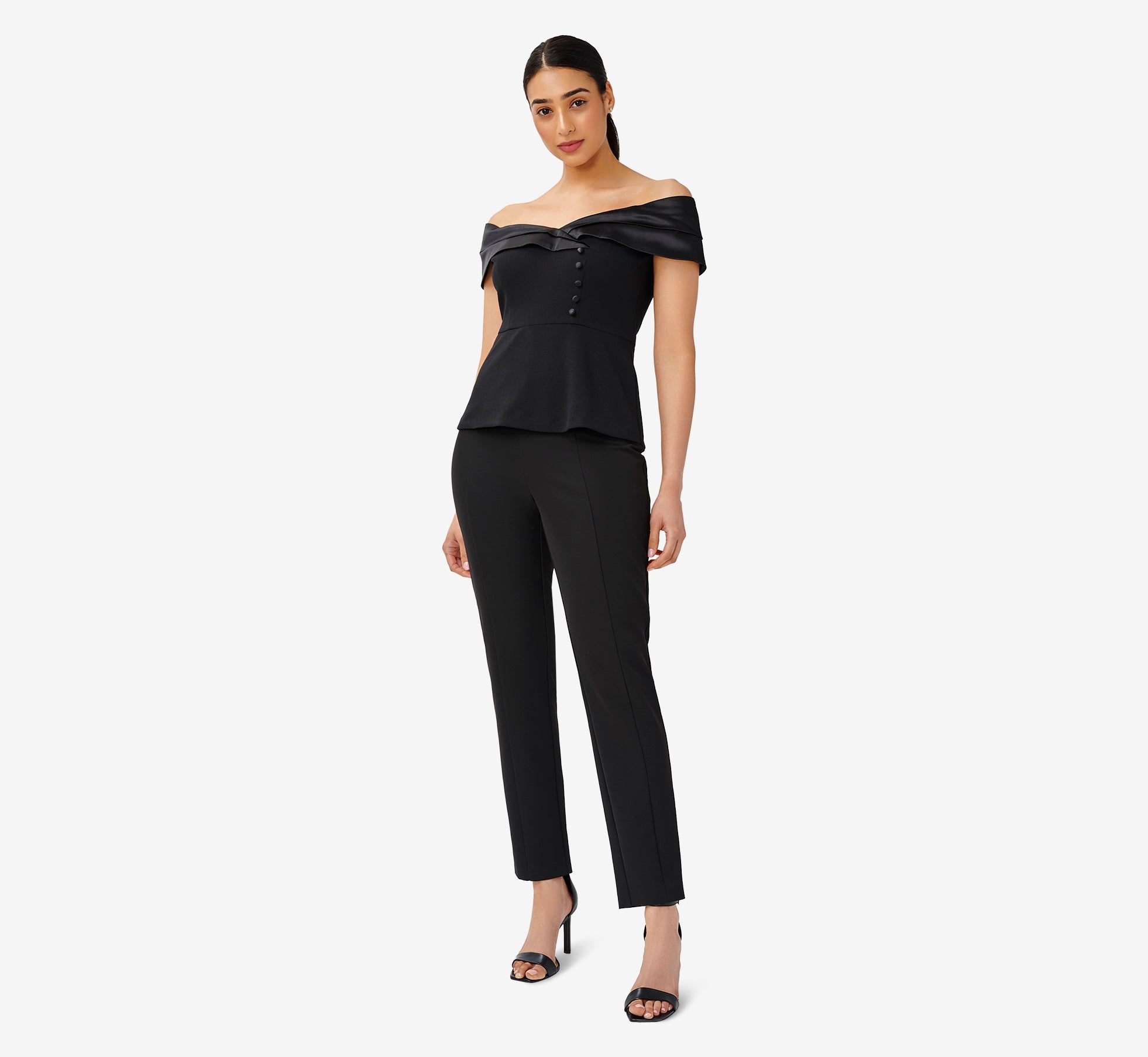 Off The Shoulder Satin And Crepe Top In Black Adrianna Papell