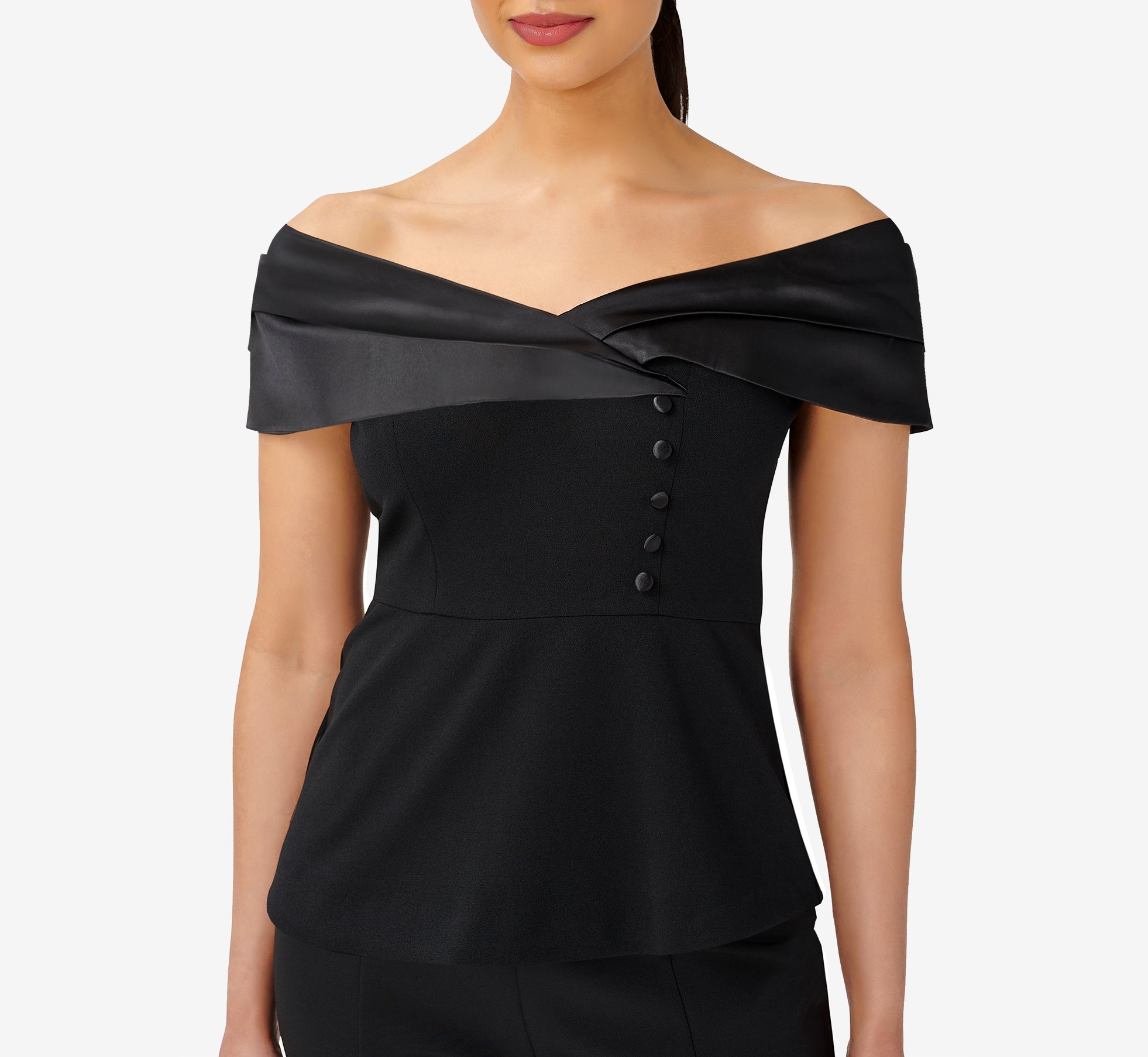 Off The Shoulder Satin And Crepe Top In Black Adrianna Papell