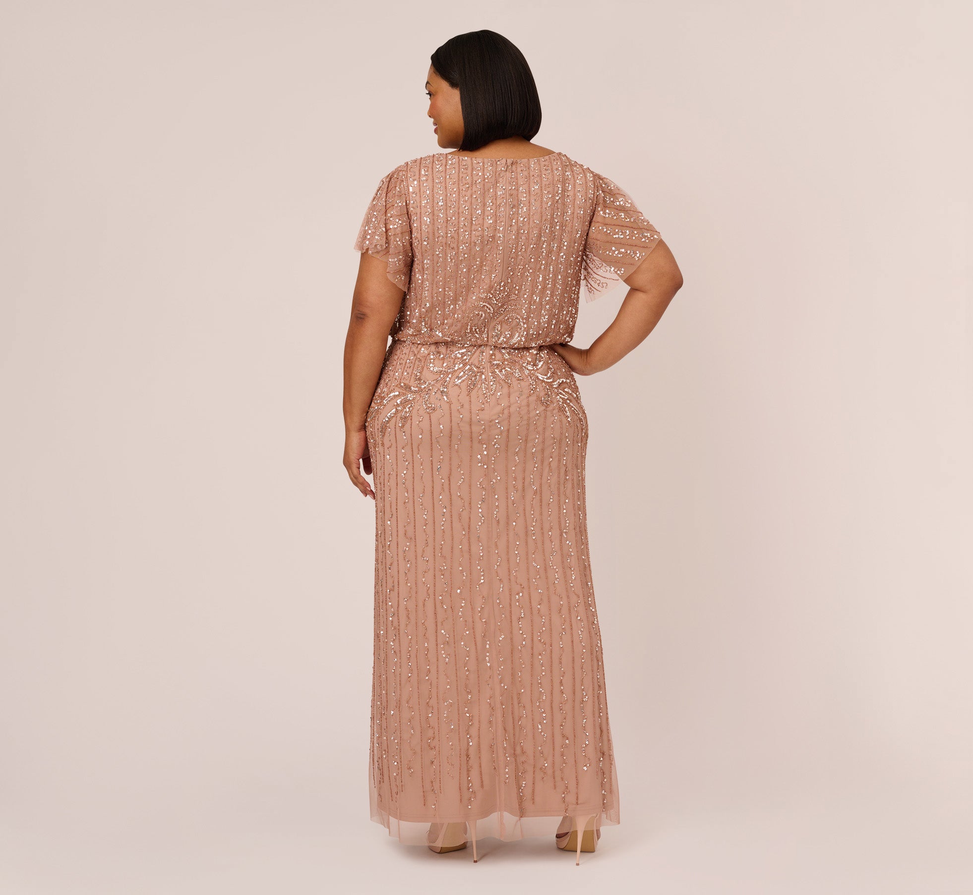 Plus Size Fleur Beaded Blouson Gown With Sheer Short Sleeves In