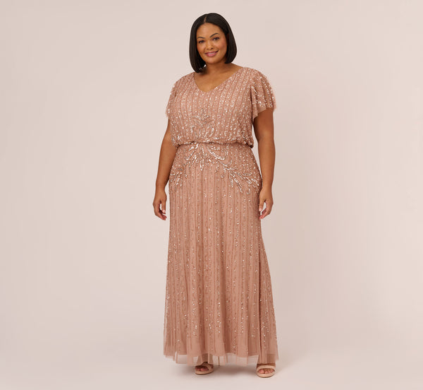 Plus Size Fleur Beaded Blouson Gown With Sheer Short Sleeves In