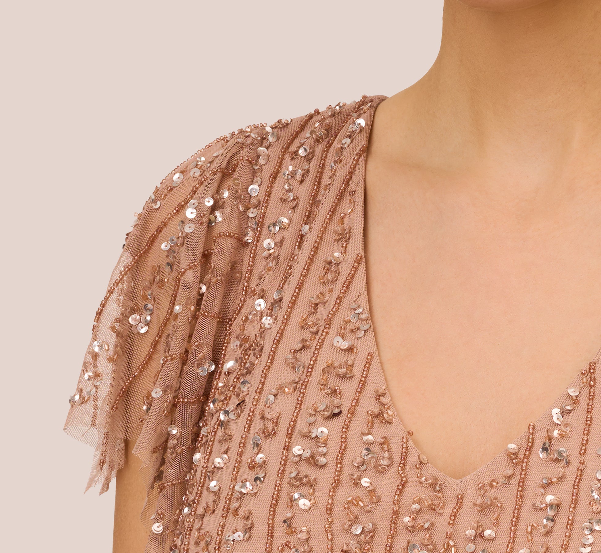 Fleur Beaded Blouson Gown With Sheer Short Sleeves In Rose Gold