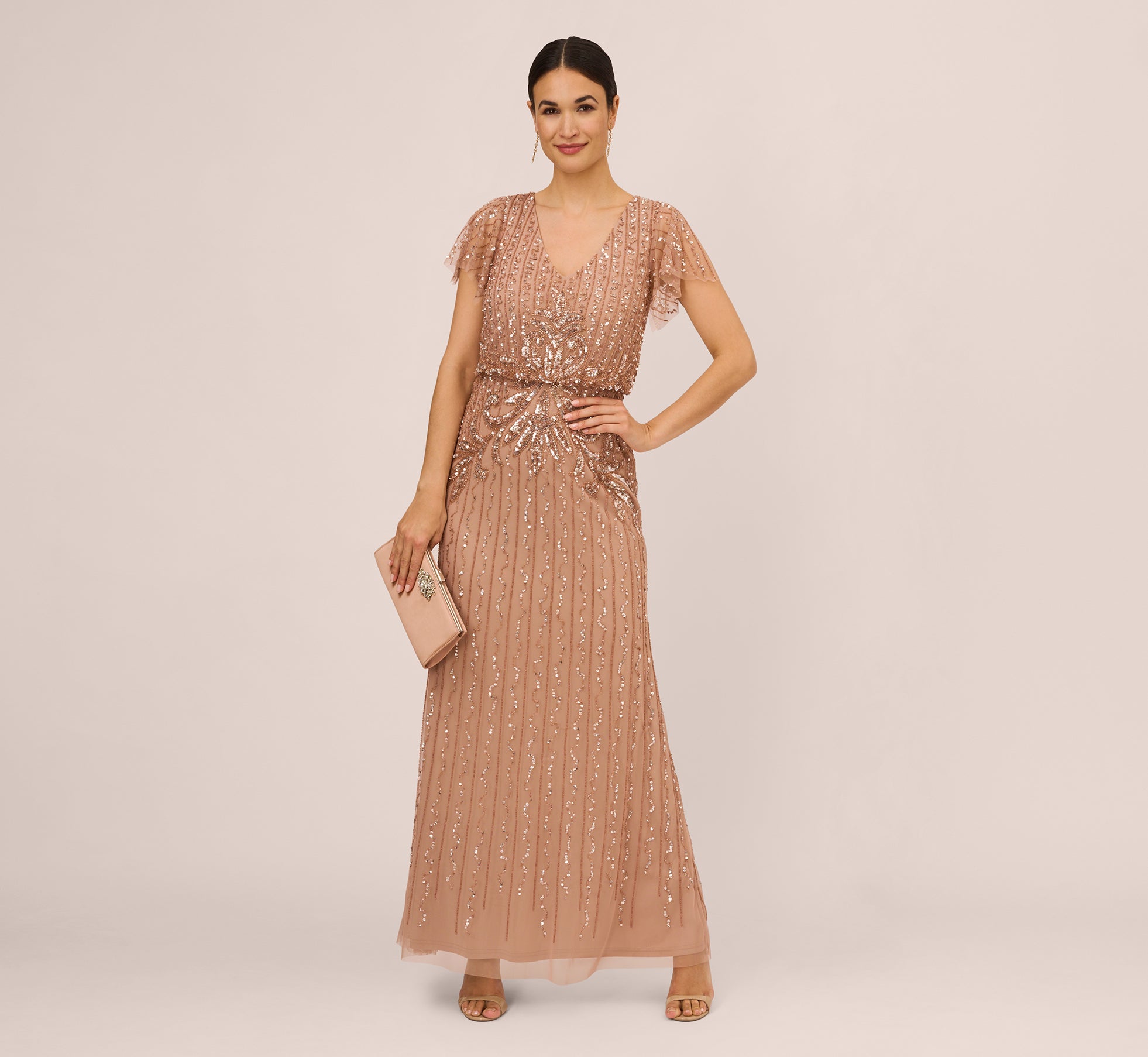 Fleur Beaded Blouson Gown With Sheer Short Sleeves In Rose