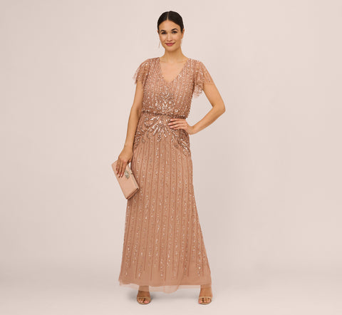 Fleur Beaded Blouson Gown With Sheer Short Sleeves In Rose Gold Adrianna Papell