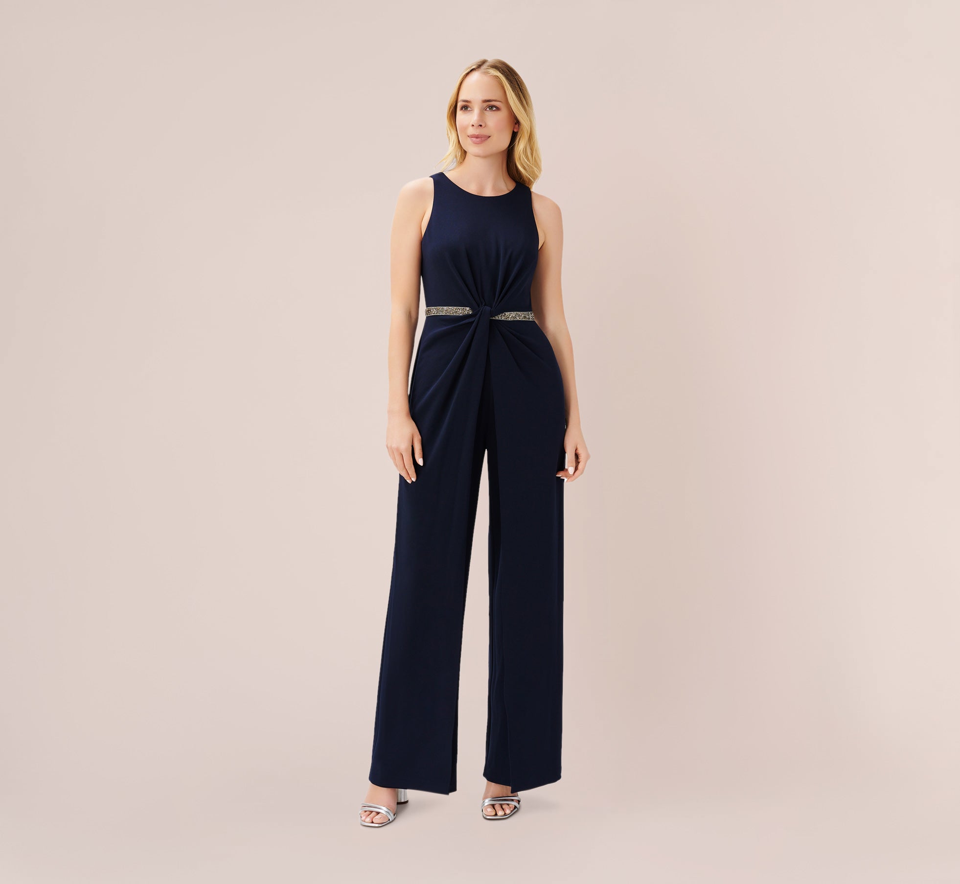 Crystal-Trimmed Crepe Jumpsuit In Midnight | Adrianna Papell