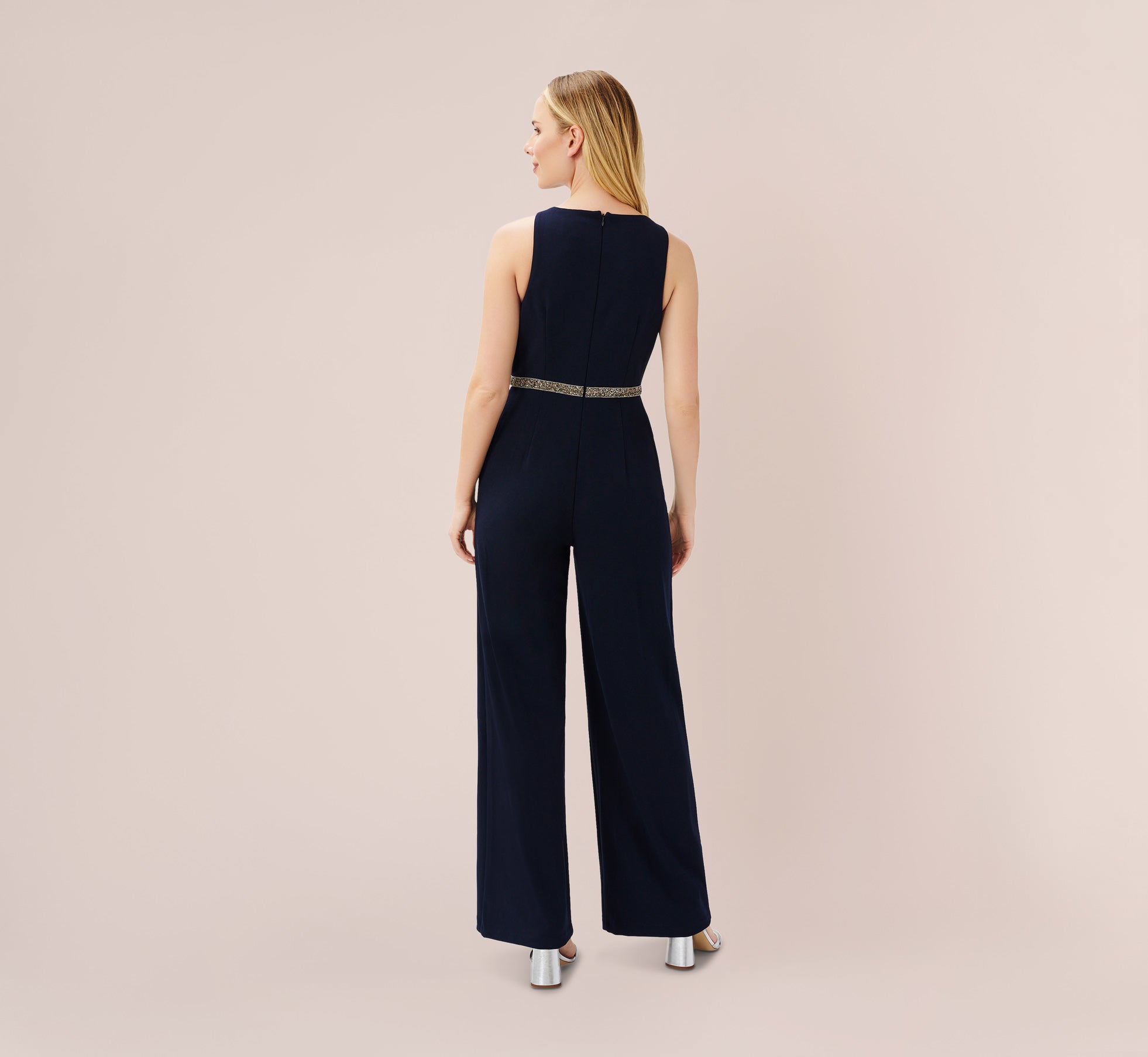 Crystal Trimmed Crepe Jumpsuit In Midnight Adrianna Papell