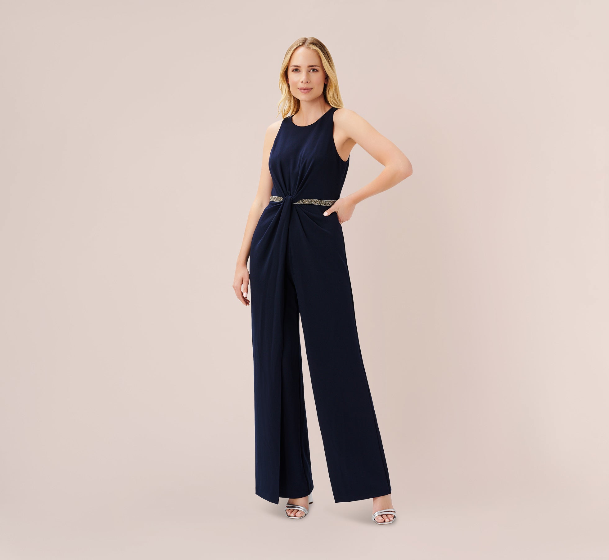 Crystal-Trimmed Crepe Jumpsuit In Midnight | Adrianna Papell