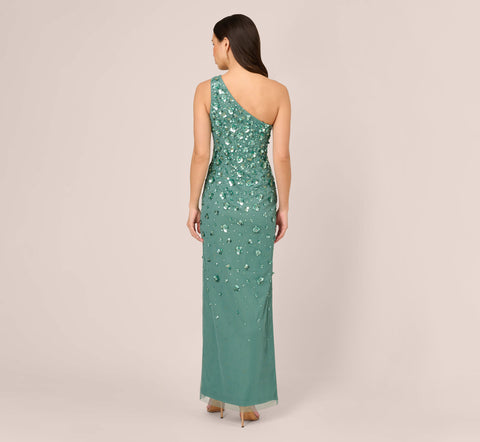 3D Floral Hand-Beaded One-Shoulder Long Column Gown In Green Slate