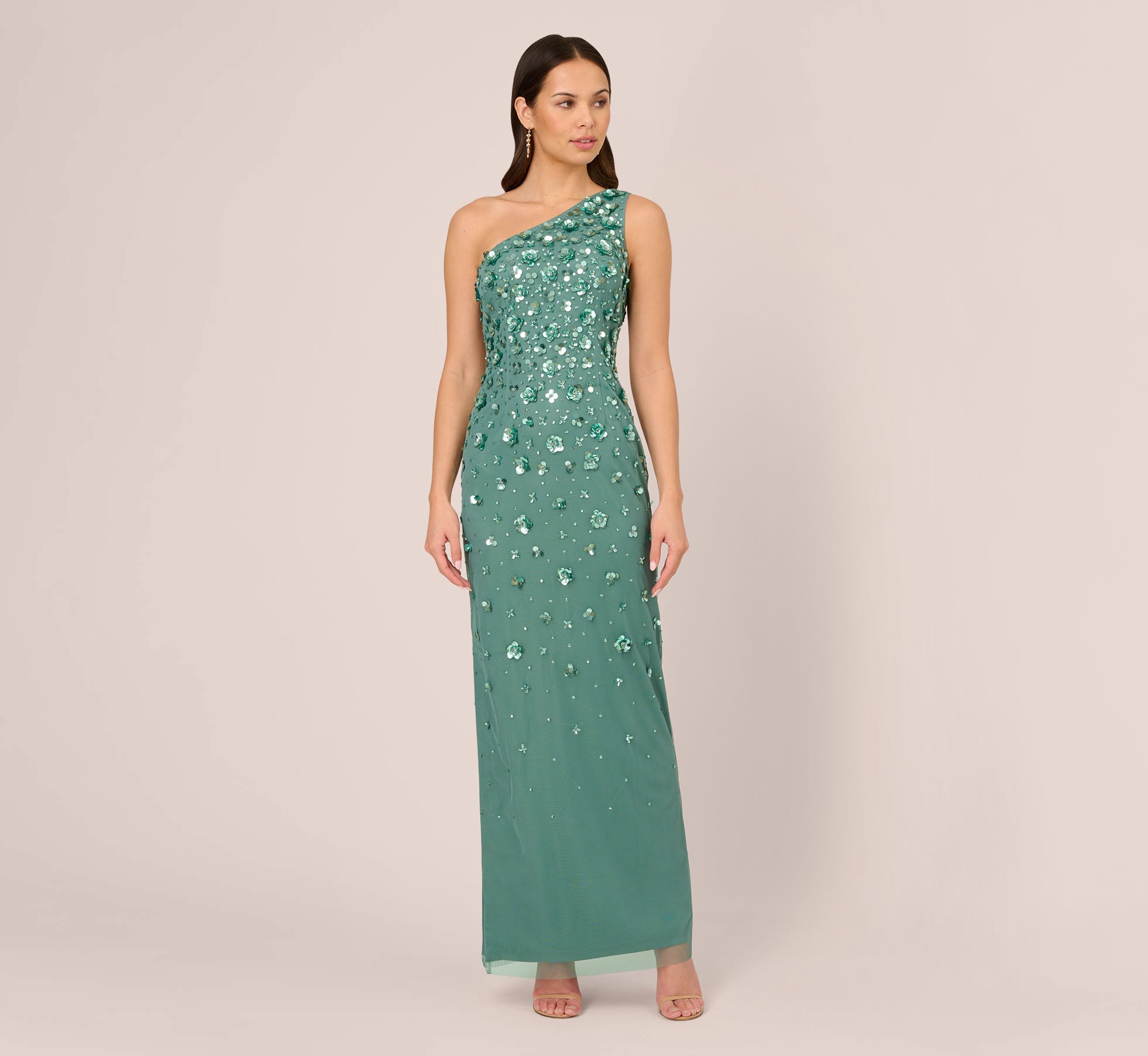 3D Floral Hand Beaded One Shoulder Long Column Gown In Green Slate