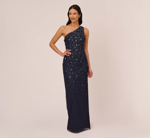 3D Floral Hand-Beaded One-Shoulder Long Column Gown In Dusty Navy