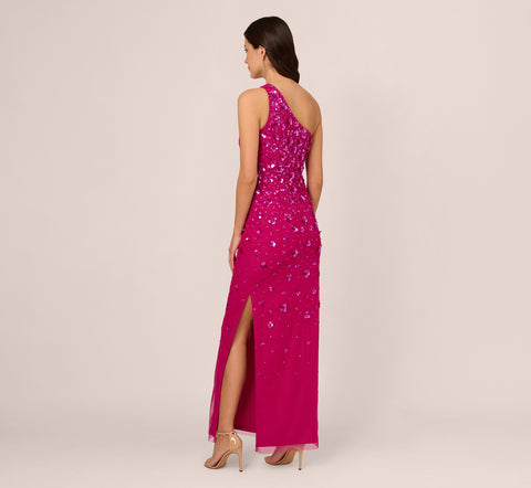 3D Floral Hand-Beaded One-Shoulder Long Column Gown In Hot Orchid