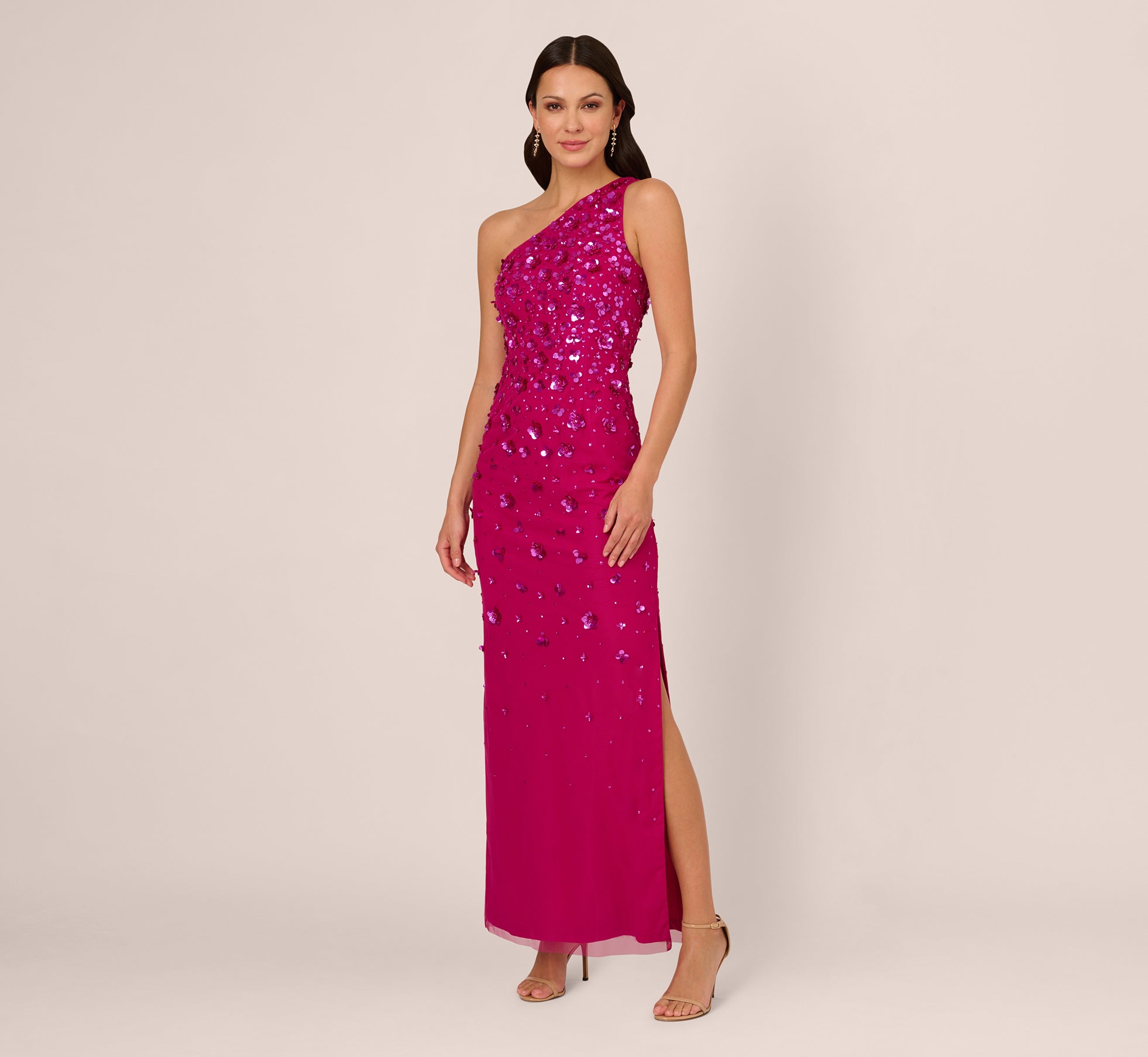 3D Floral Hand Beaded One Shoulder Long Column Gown In Hot Orchid