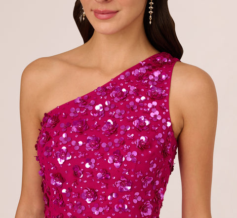 3D Floral Hand-Beaded One-Shoulder Long Column Gown In Hot Orchid