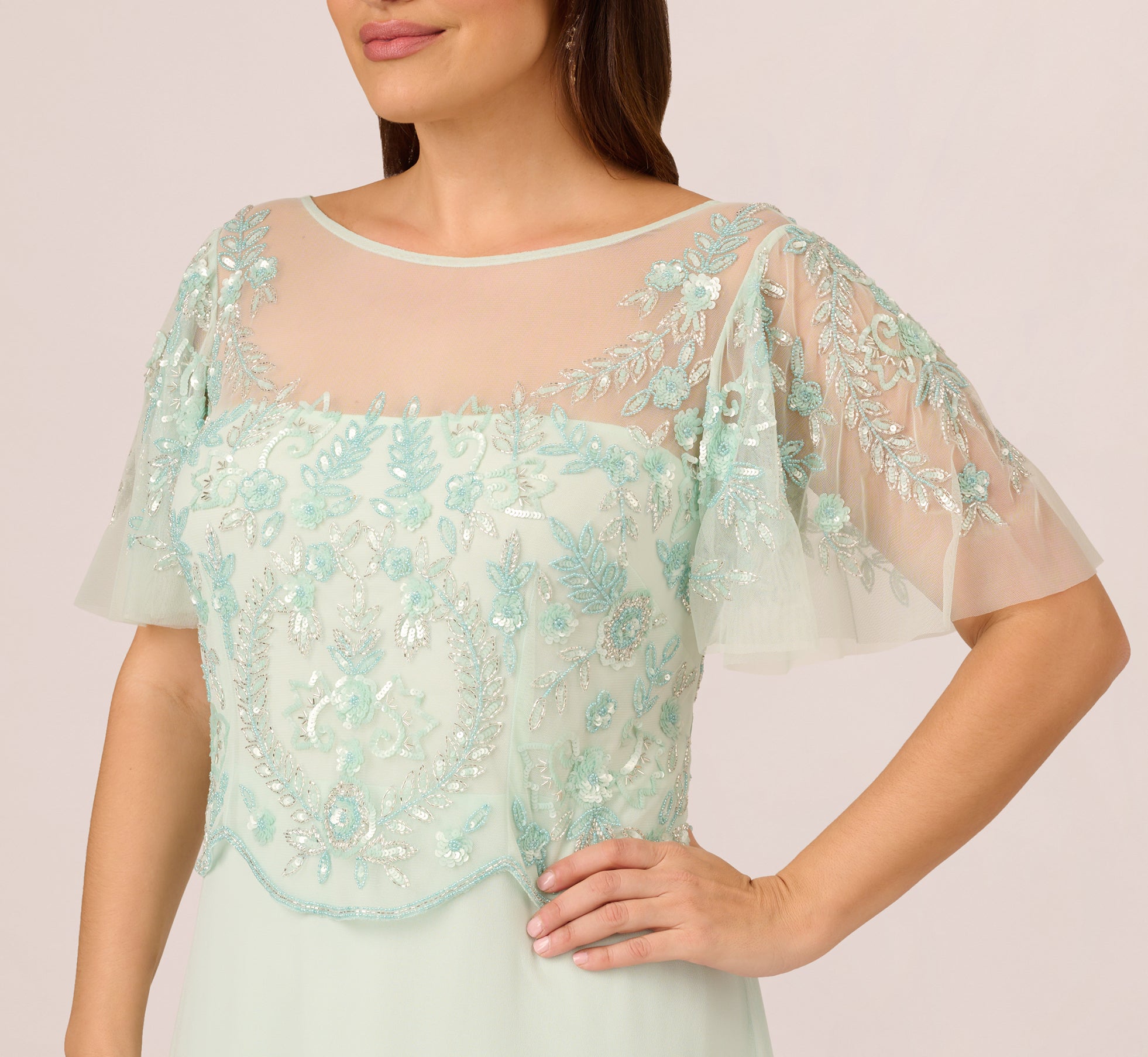 Plus Size Hand Beaded Illusion Long Gown With Flutter Sleeves In