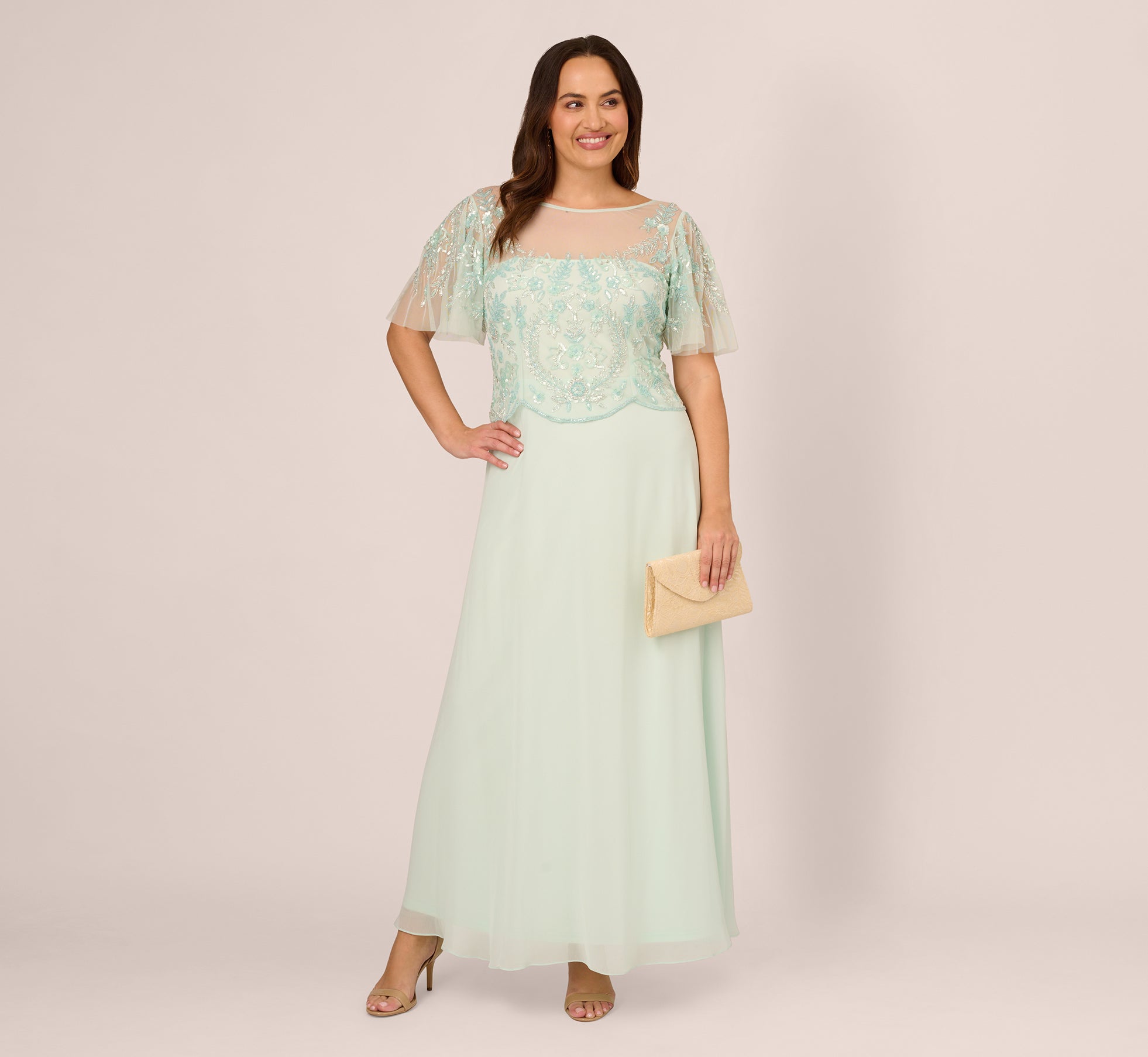 Plus Size Hand Beaded Illusion Long Gown With Flutter Sleeves In