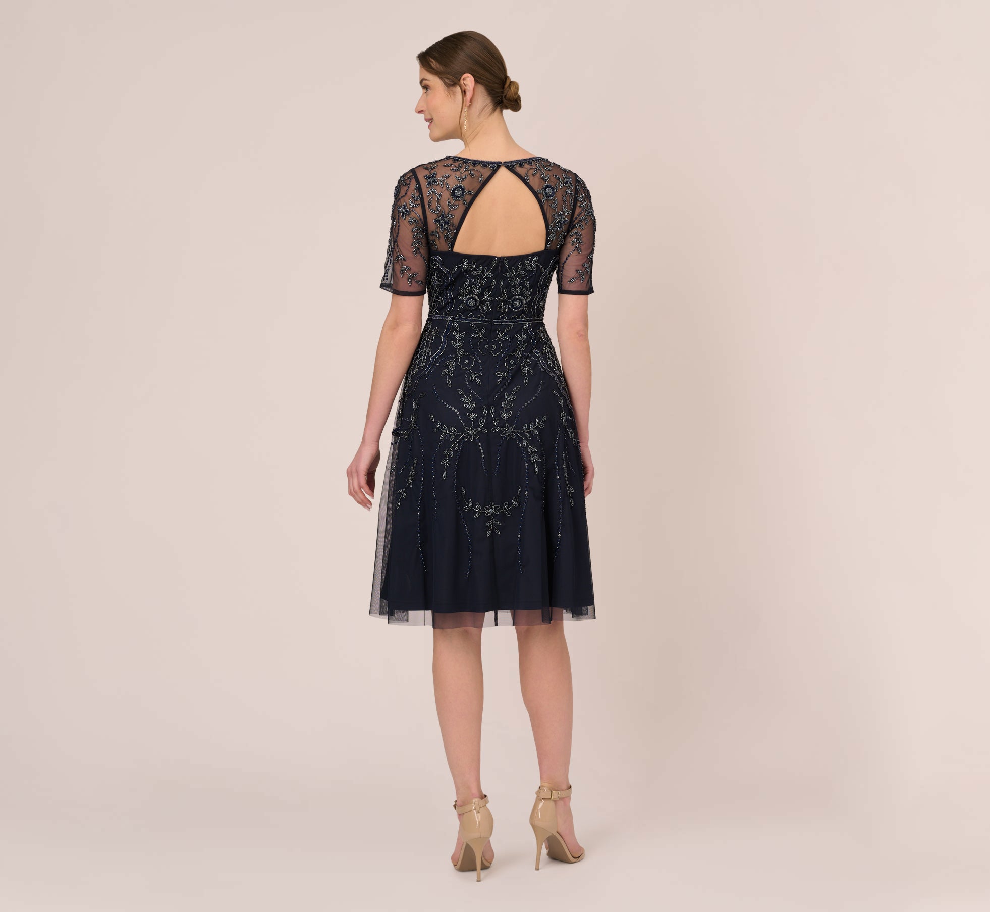 Beaded Midi Dress With Sheer Short Sleeves In Midnight Adrianna