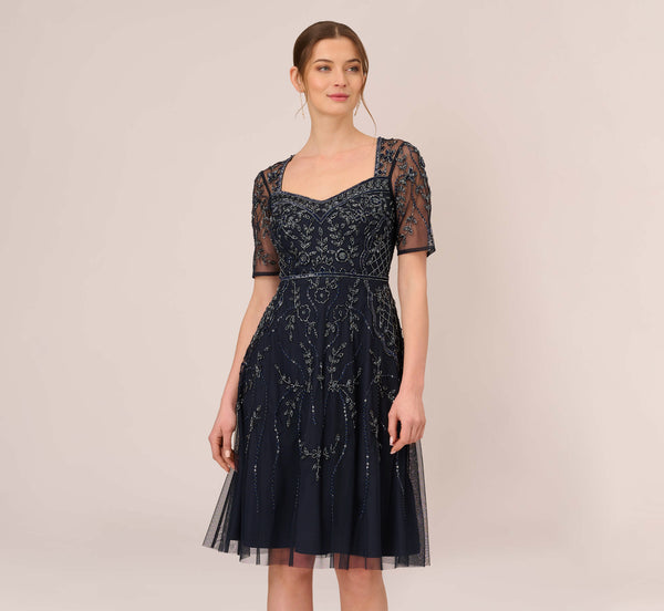 Beaded Midi Dress With Sheer Short Sleeves In Midnight Adrianna