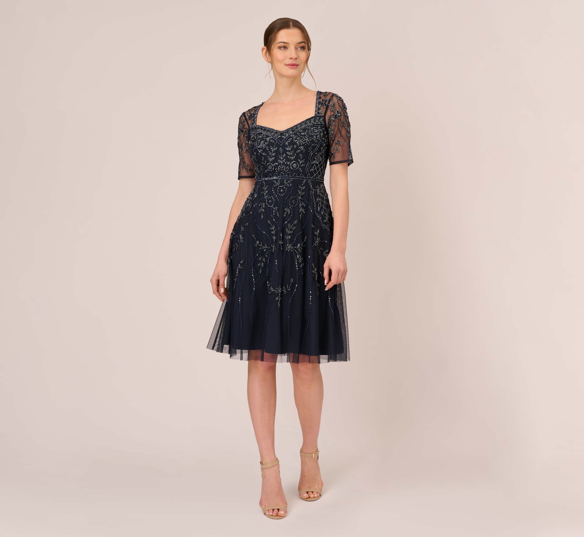 Beaded Midi Dress With Sheer Short Sleeves In Midnight | Adrianna