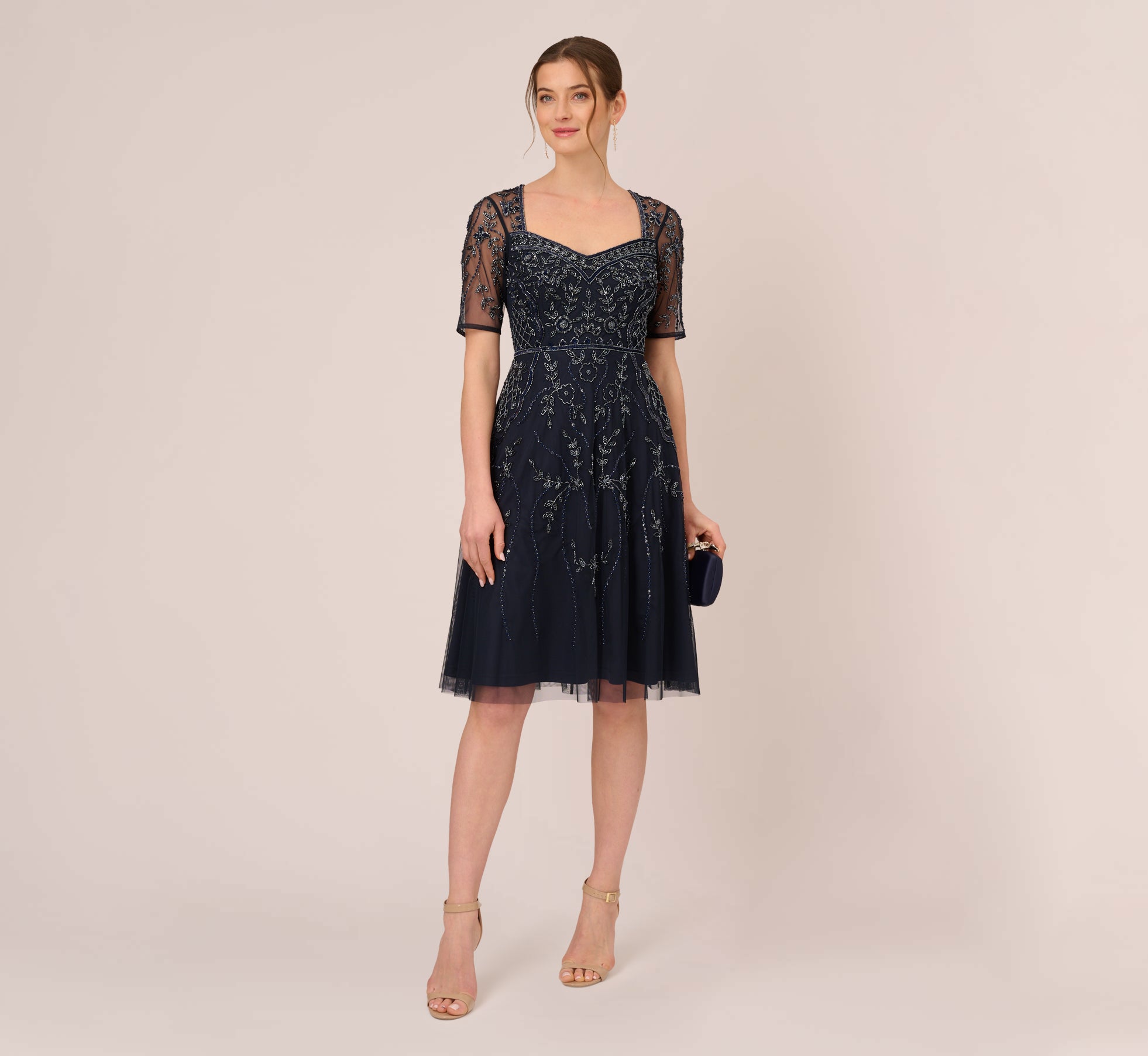 Beaded Midi Dress With Sheer Short Sleeves In Midnight Adrianna