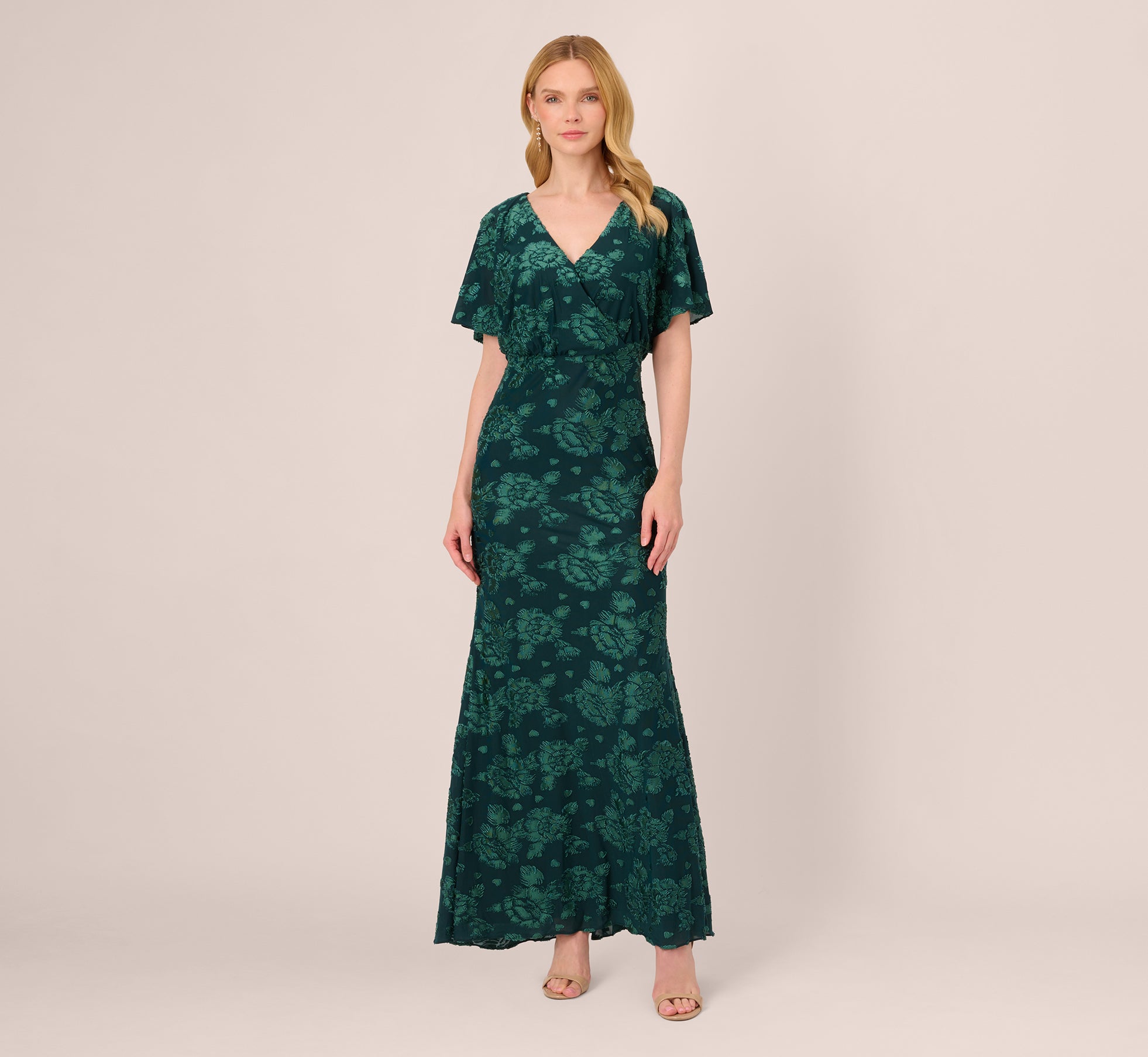 Floral Burnout Velvet Long Blouson Gown In Hunter Adrianna Papell