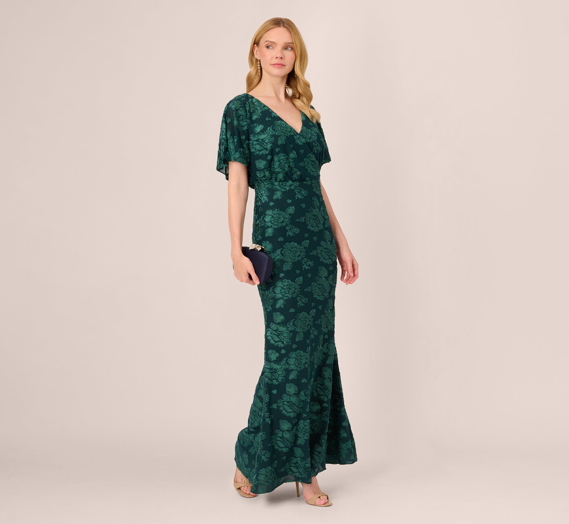 Floral Burnout Velvet Long Blouson Gown In Hunter Adrianna Papell