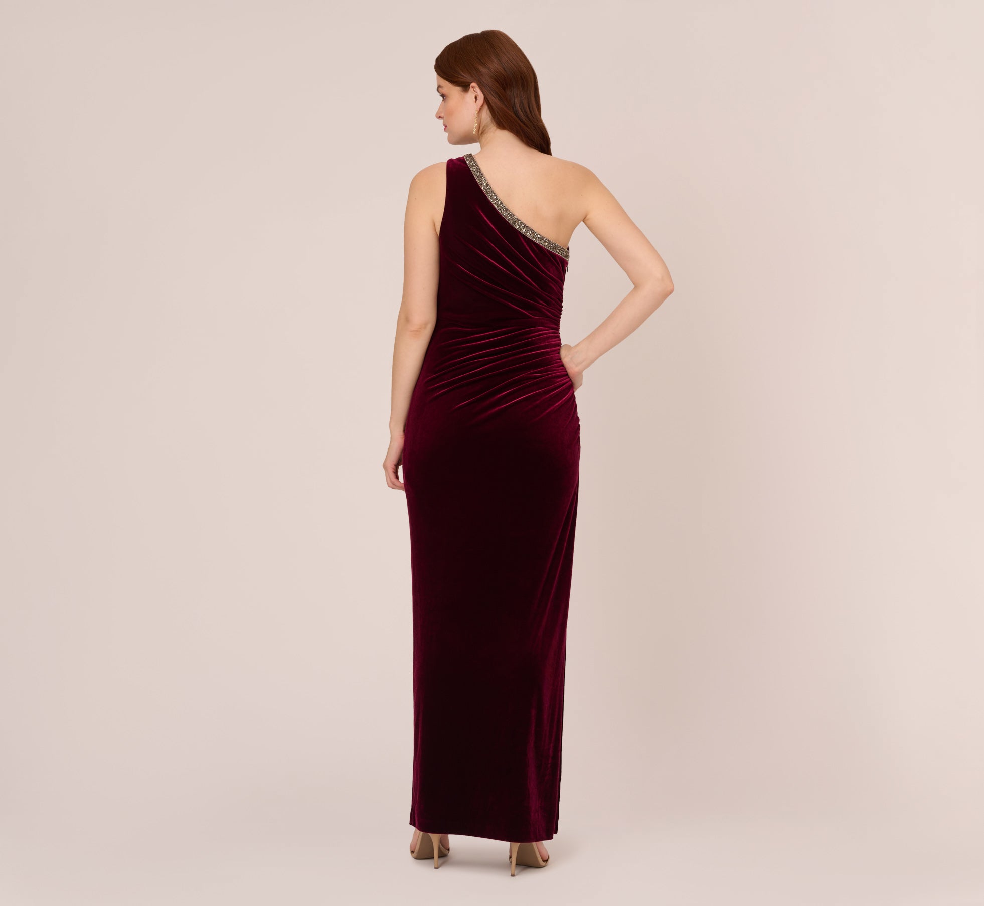Velvet One Shoulder Gown With Beaded Neckline In Burgundy