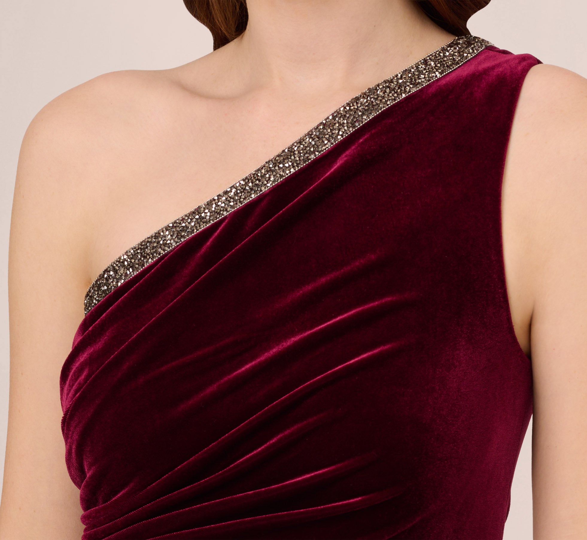 Velvet One Shoulder Gown With Beaded Neckline In Burgundy